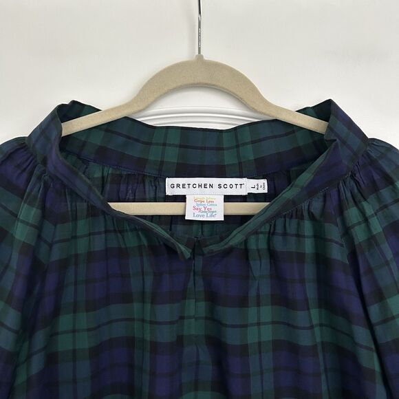 Gretchen Scott Blouse Womens Sz Large Blue Green Plaid Peasant 3/4 Sleeve Cotton - Picture 2 of 12